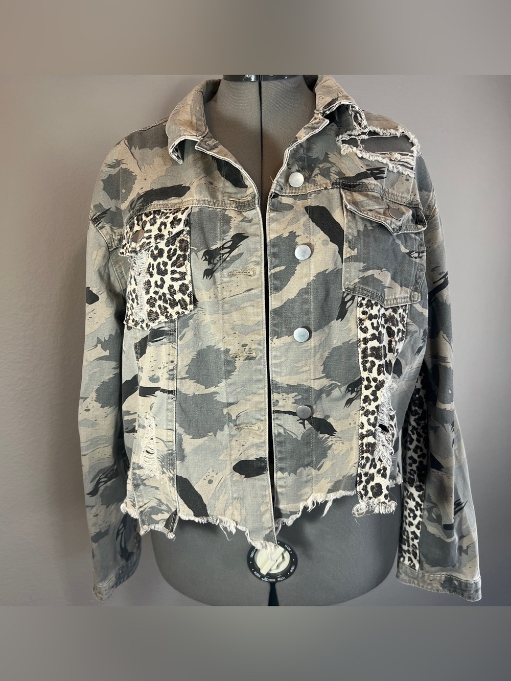 POL Camo Leopard Distressed Denim Jacket Size L